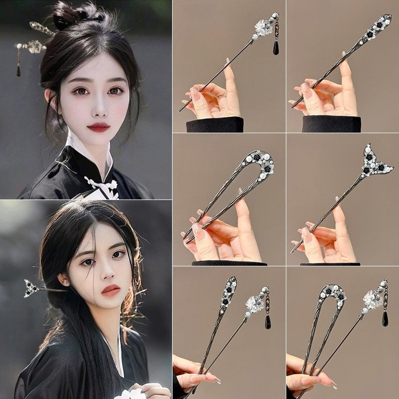 ชุดอุปกรณ์แต่งผมสไตล์มืดเอเชีย (1-4 ชิ้น) - กิ๊บประดับมุกและพู่สำหรับทรงผมโบราณและหรูหรา