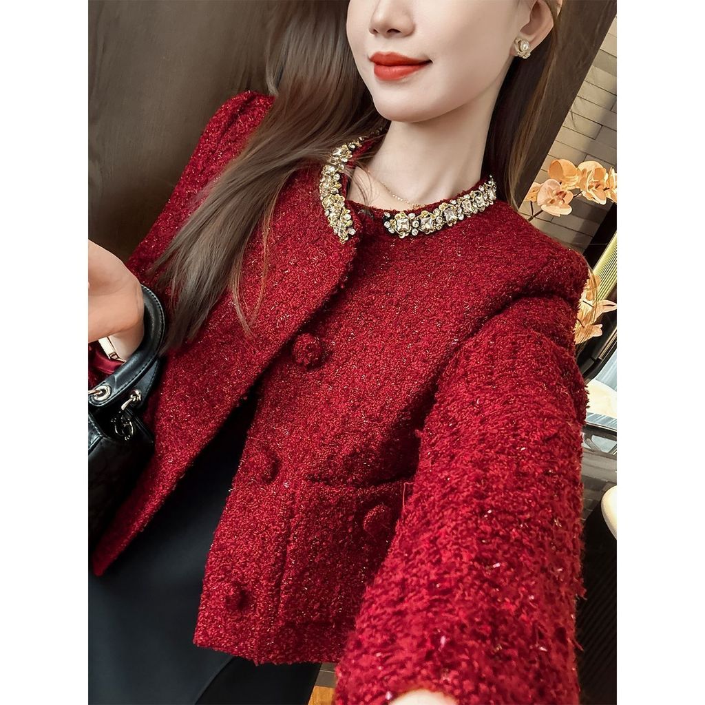 เสื้อกั๊คทวีดตกแต่งลูกปัด สไตล์ทำงานและลำลอง สีแดง แขนยาว