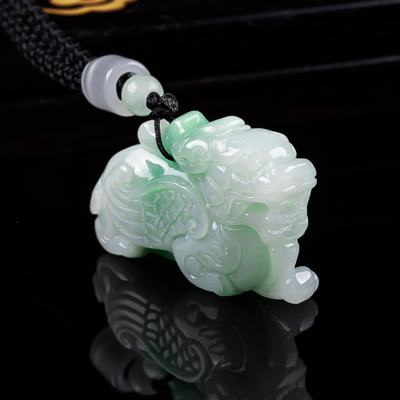 พม่าธรรมชาติ Jadeite Flying Pixiu Kirin จี้หยกคู่สามมิติผู้ชายผู้หญิง Lucky สร้อยคอจี้ Y5JH