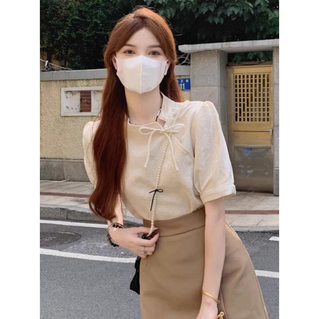 旗袍改良新中式国风上衣设计感女小众2024夏季高级感复古短袖衬衫Cheongsam Improved New Chinese Style National Style Top Design Sense