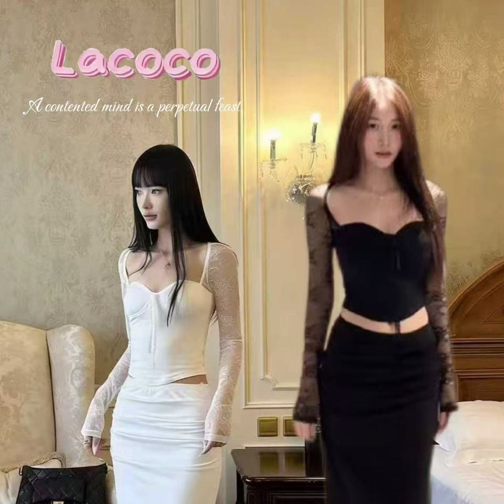 Lacoco คลังสินค้าพร้อม เสื้อยืดแขนยาวคอเหลี่ยมสีชมพูสุดเซ็กซี่สไตล์อเมริกัน ดีไซน์ใหม่สำหรับฤดูหนาว เสื้อทรงแพทช์เวิร์ค