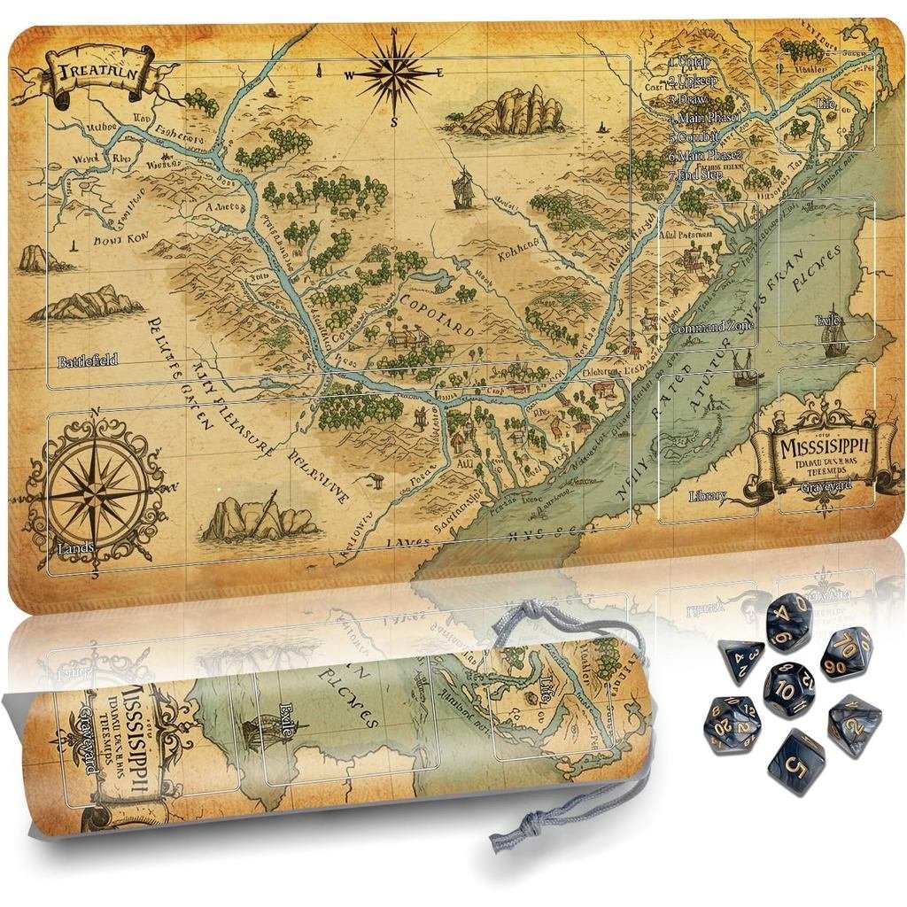 MTG Mat TCG DND Playmat พร้อมกระเป๋าจัดเก็บ & ลูกเต๋า 7 ชิ้น | พื้นผิวกันลื่นกันน้ํา | ดีไซน์ล็อคขอบ