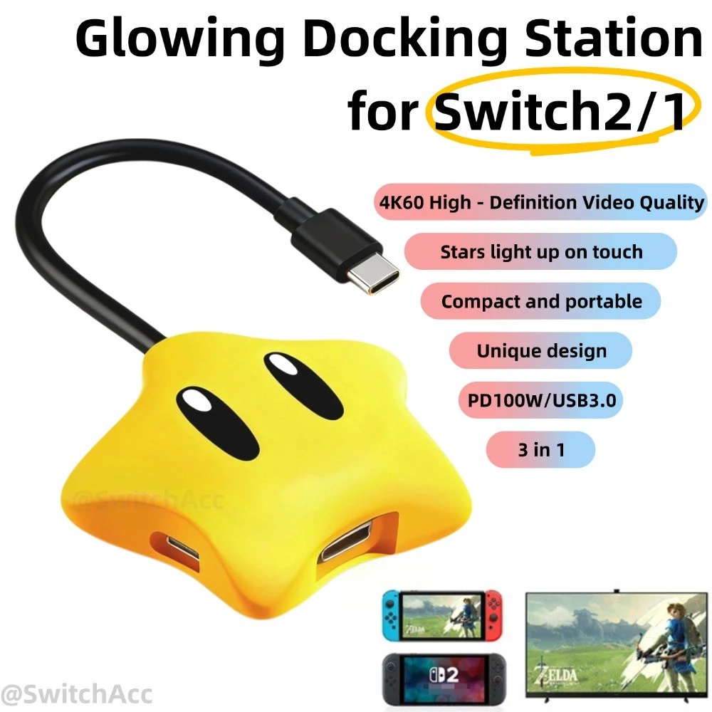 สวิตช์สถานีเชื่อมต่อแบบพกพา 3-in-1 USB Type C ถึงอะแดปเตอร์ HDMI สําหรับ Nintendo Switch 2 / 1 / OLED 100W PD พอร์ตชาร์จสําหรับแล็ปท็อปแท็บเล็ตโทรศัพท์มือถือ SteamDeck