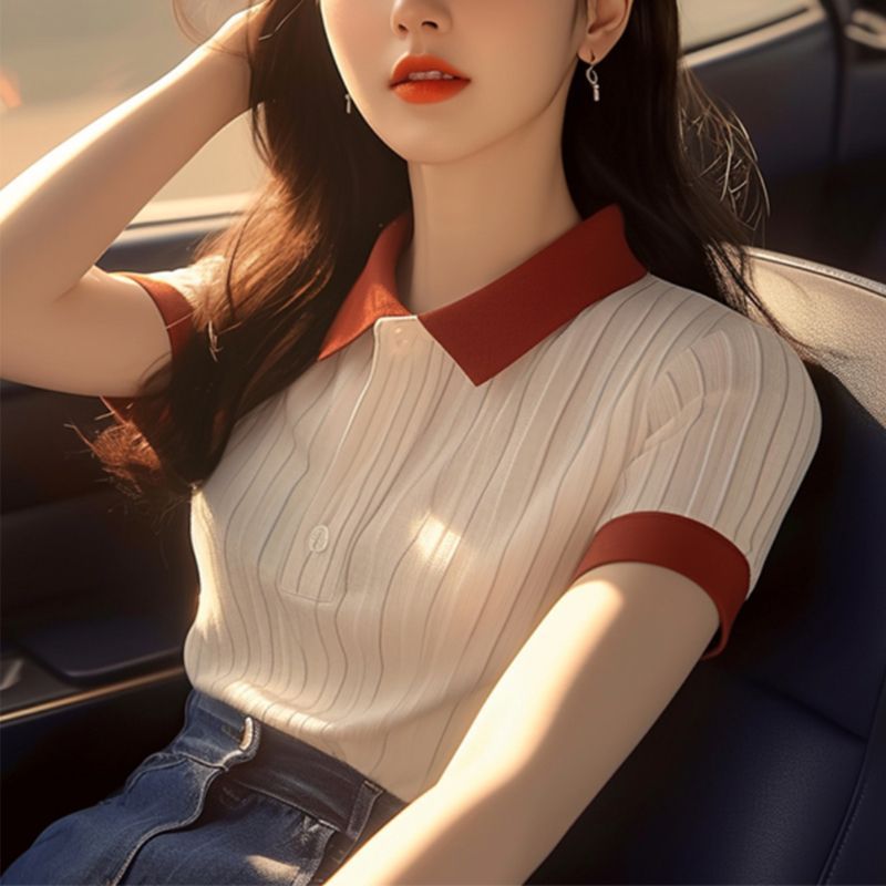 สไตล์เกาหลี Simple Super Good All-Match สี POLO คอปกแขนสั้นเสื้อยืดผู้หญิงสไตล์ฤดูร้อนที่ไม่ซ้ํากัน 