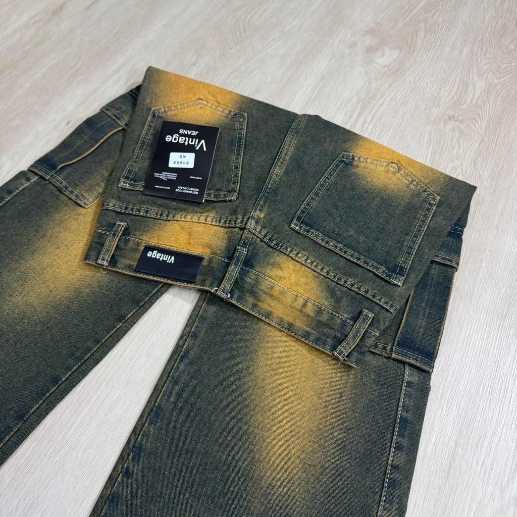 กางเกงยีนส์คาร์โก้ 6กระเป๋า สีสนิมเข้มแต่งเฟด ป้ายวินเทจดำ#8166 - รูปที่ 3
