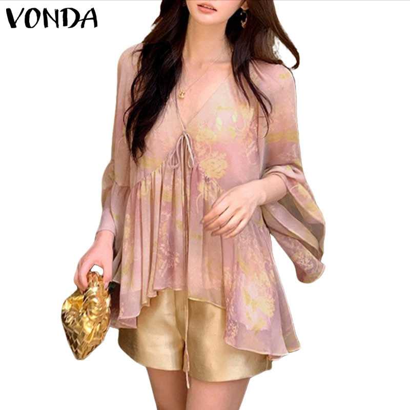 VONDA ผู้หญิงเกาหลีโปร่งแสงลําลองตาข่ายคอวีแขนยาวเสื้อฤดูร้อน