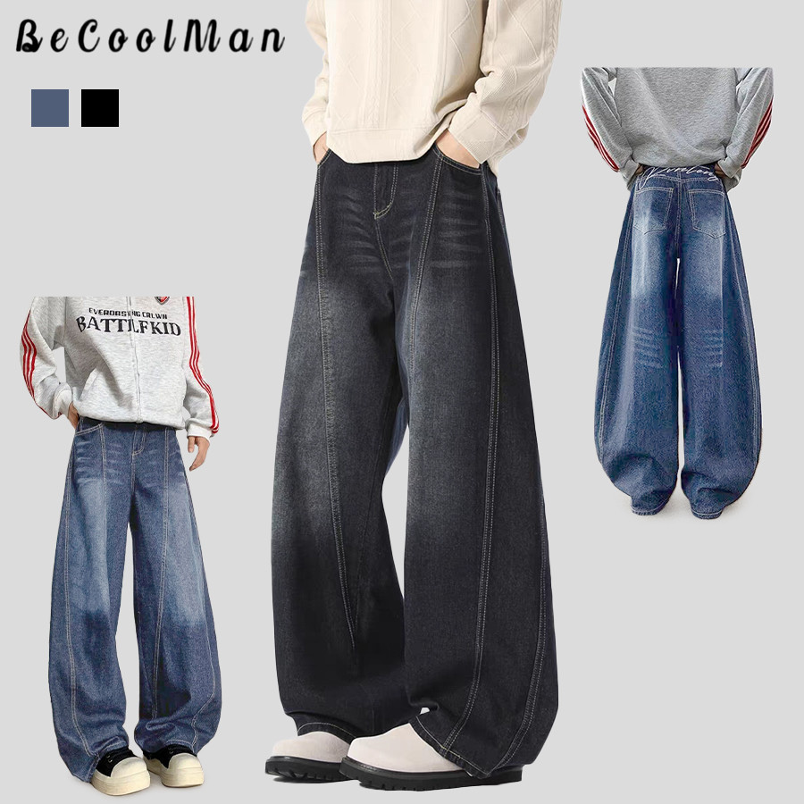 💥BecoolMan💥แนววินเทจ กางเกงยีนส์ทรงหลวม รุ่นขากว้าง สไตล์ชิวๆ คลาสสิกแมทช์ลุคง่าย ใส่ได้ทั้งชายและหญิง