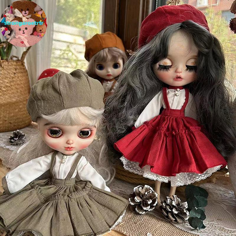 Strongaroettr ตุ๊กตาทํามือชุดกระโปรง Beret หมวกตุ๊กตา Retro ชุดชุดเสื้อผ้าสําหรับ Blythes Ob22 Ob24 