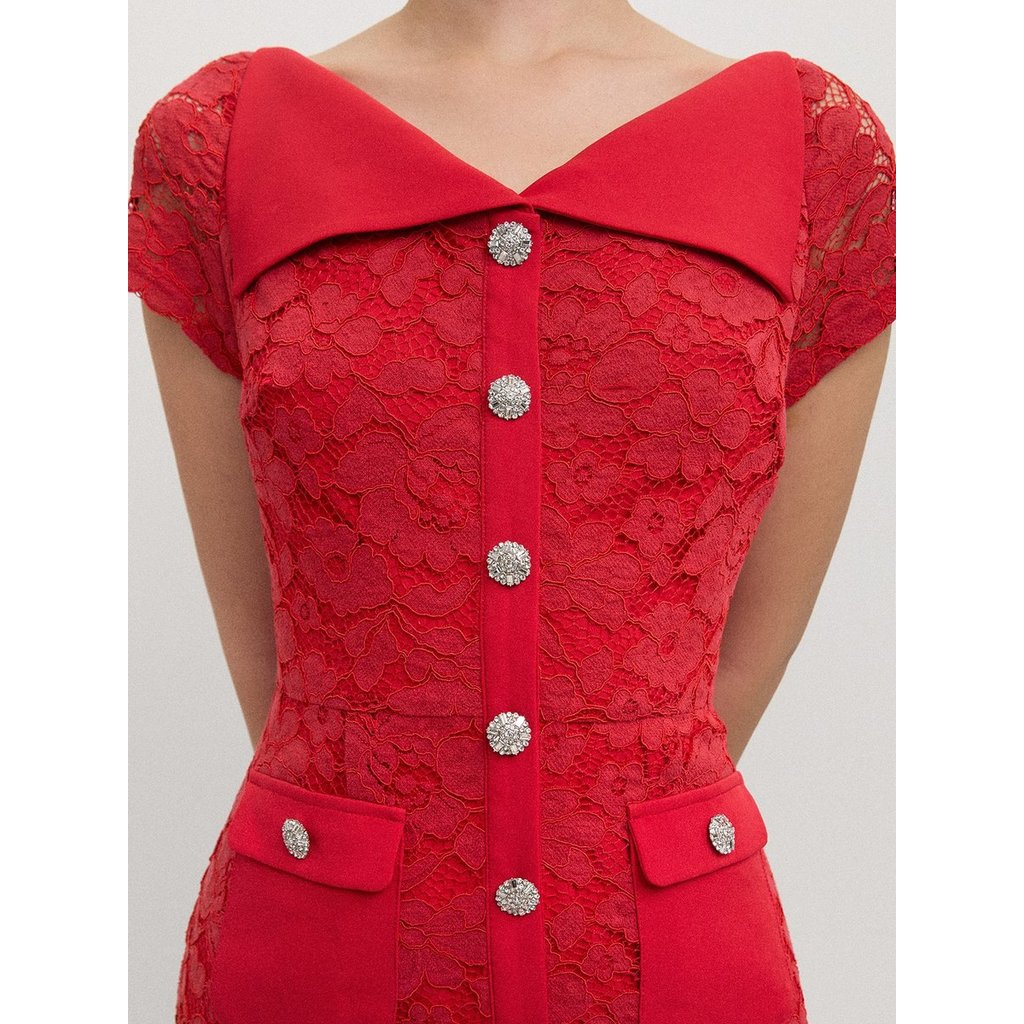 [Pomelo] เดรสผ้าลูกไม้ติดกระดุมพลอยเทียม / Lace Button-Up Midi Dress — صورة 3