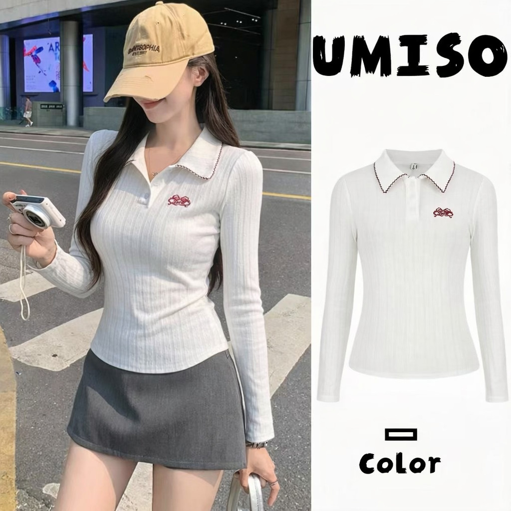 พร้อมส่งจากกทม เสื้อโปโลแขนยาวผู้หญิง ปักลายที่อก กระดุมหน้า ทรงเข้ารูป UMISO