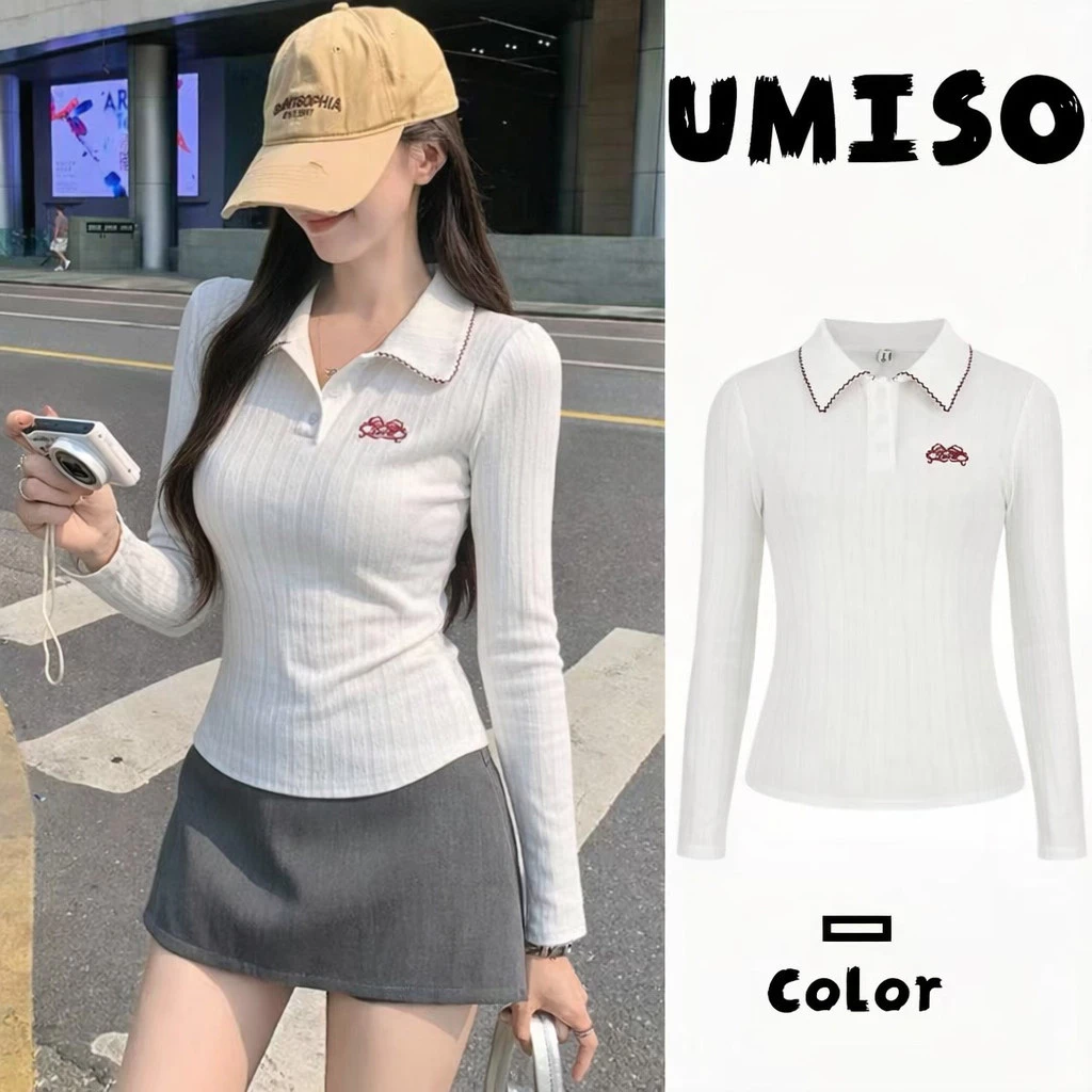 พร้อมส่งจากกทม เสื้อโปโลแขนยาวผู้หญิง ปักลายที่อก กระดุมหน้า ทรงเข้ารูป UMISO