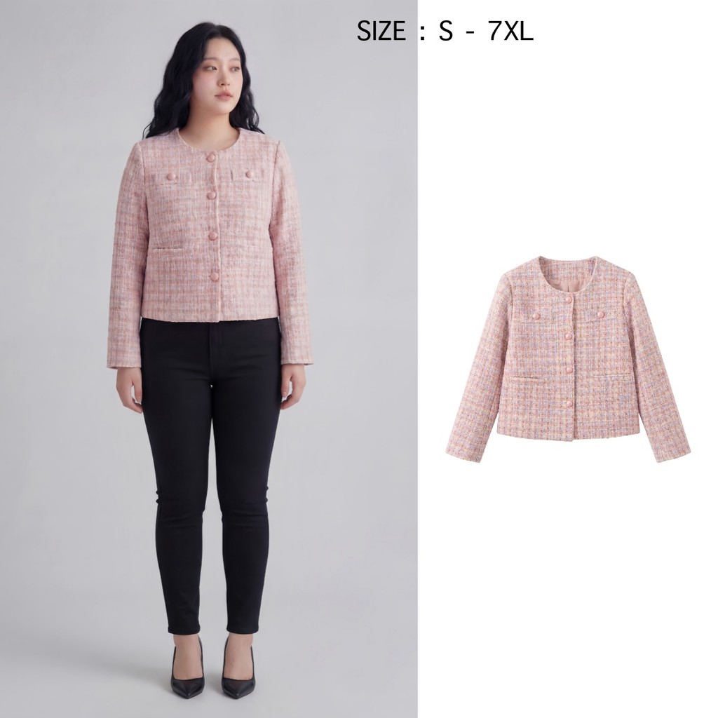 เสื้อคาร์ดิแกน ผ้าทวิต มีไซส์ S-7XL คอกลม ทอผสมด้ายสีพาสเทล พร้อมกระดุมมุกสีชมพู เสื้อคลุมสไตล์ลูกคุณหนู หรูหรา