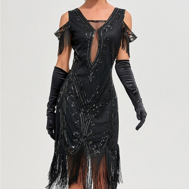 LA Women’s Gatsby Flapper Dress แบบปี 1920 สำหรับงานปาร์ตี้ มีลายระยิบระยับและไหล่เปิด