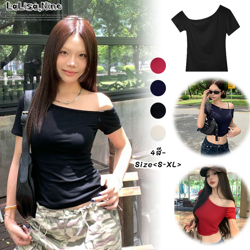 Lalisa พร้อมส่ง เสื้อยืดผู้หญิง คอไม่สมมาตร T-shirt crop แขนสั้น เสื้อแขนสั้นปาดไหล่ข้างเดี่ยว สีพื้น แมทช์ง่าย ต้อง