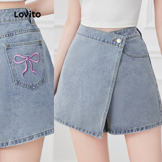 Lovito Women Casual Denim Shorts Wrap Embroidery Fake 2in1 Spring/summer Blue Denim Shorts  L177ED122