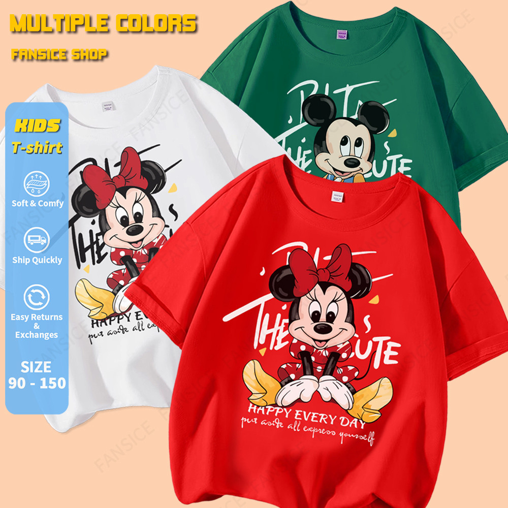 ‌เสื้อเด็กหญิงลาย Mickey & Minnie Mouse ผ้าฝ้ายนุ่มพิเศษ ระบายอากาศดี แขนสั้น เสื้อยืดแฟชั่น สินค้าพร้อมส่ง COD (หลายสี)