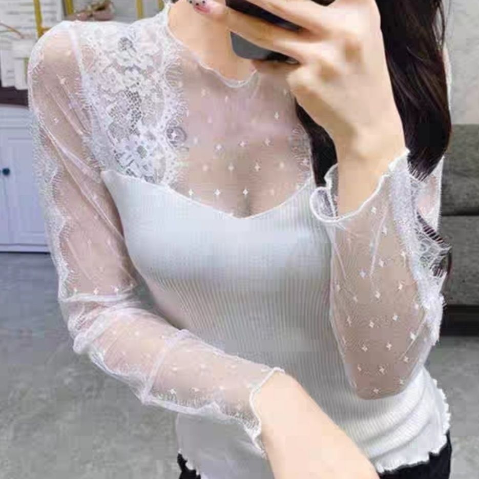 COD 2026 สถานียุโรปฤดูใบไม้ผลิเวอร์ชั่นเกาหลีสลิมฟิต Slimmer ดูผ้าพันคอเย็บลูกไม้แขนยาวรอบคอเซ็กซี่ข