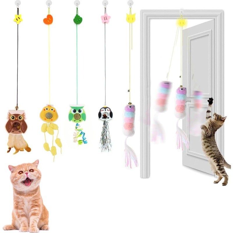 ของเล่นแมวสัตว์เลี้ยง Funny Stick ลูกแมว Self-hi เชือกยืดหยุ่น Dragonfly Shape Feather Bell Teasing Stick แขวน Swing พัน