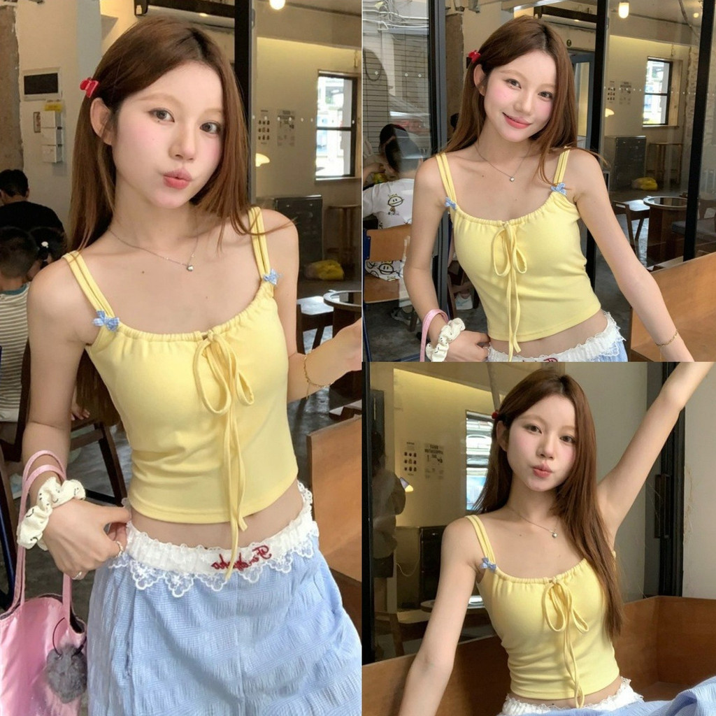 🌹Mary🌹เสื้อปาดไหล่ผู้หญิงผูกโบว์ มีฟองน้ำ สไตล์ลำลองเสื้อกล้ามผู้หญิง เข้ารูปเ สไตล์เกาหลี น่ารักๆ พร้อมจัดส่ง