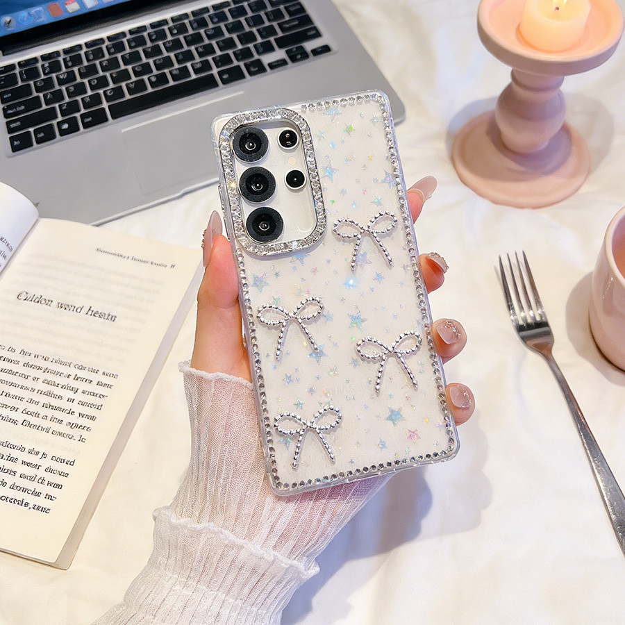 SAMSUNG สําหรับSamsung A17 A07 A37 A57 S24 S25 FE S26 Plus S23 Ultra A16 A26 A36 A56 A15 A35 A55 5Gน่ารักหรูหรา 3D Bowknow Glitter RhinestoneกรณีBlingฝาครอบ