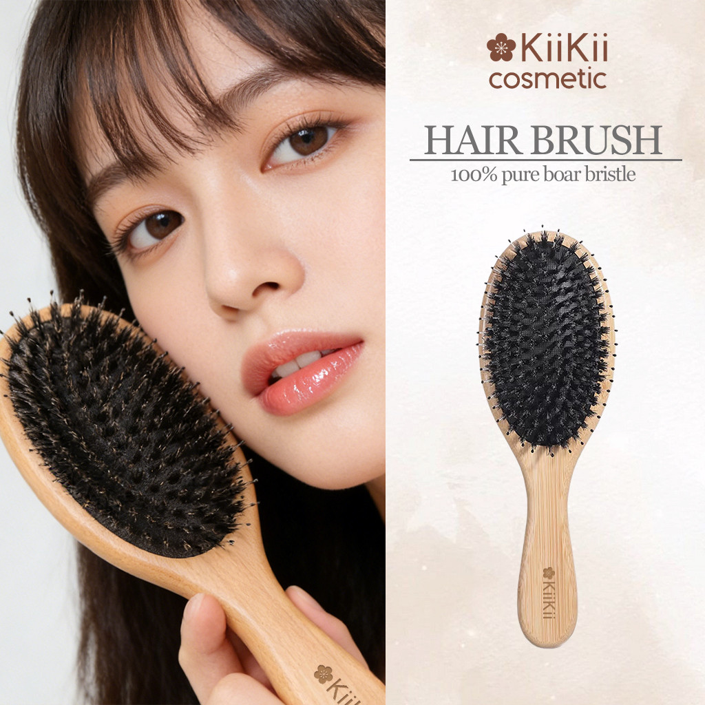 KiiKii Cosmetic หวี หวีขนหมูป่าแท้ ไม้ไผ่ ขนาดใหญ่ ดูแลเส้นผม ผมเรียบลื่น เงางาม