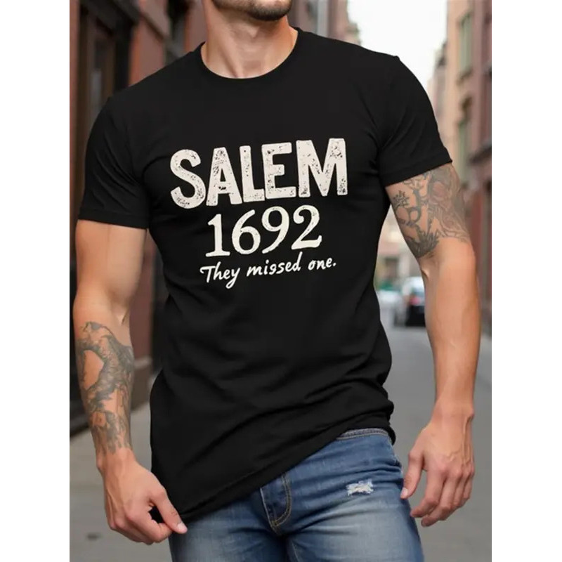 ผู้ชาย เสื้อยืดกราฟิก Salem 1692 พวกเขาพลาดไป Frankly Salem 1692 พิมพ์ เสื้อยืดแขนสั้นสบายสีพื้นแบบส