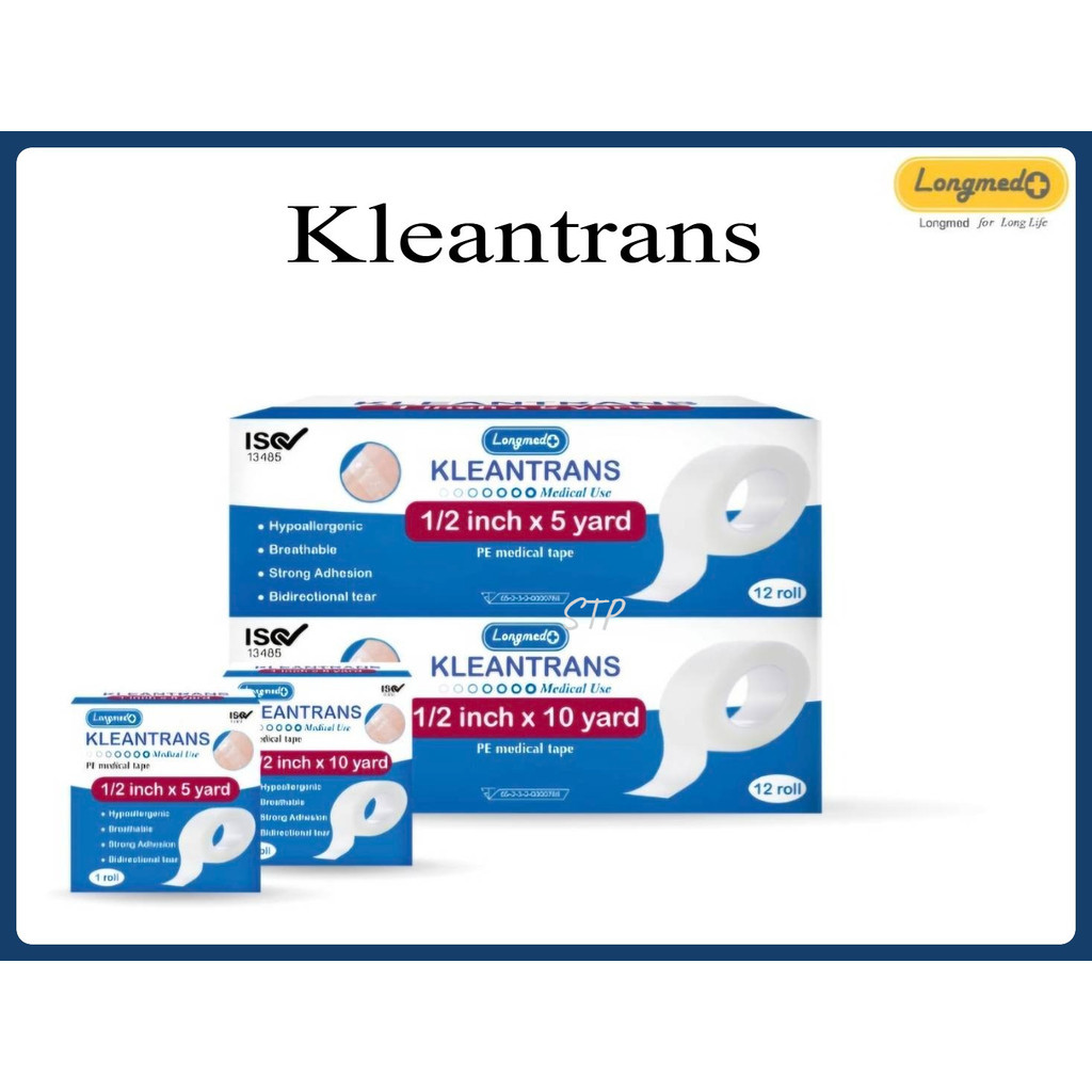 KLEANTRANS PE medical tape คลีนทรานส์ เทปใสแต่งแผลแบบใส ยึดติดดี (ขนาด 1/2 นิ้ว และ 1 นิ้ว x 5 หลา/12 ม้วน )