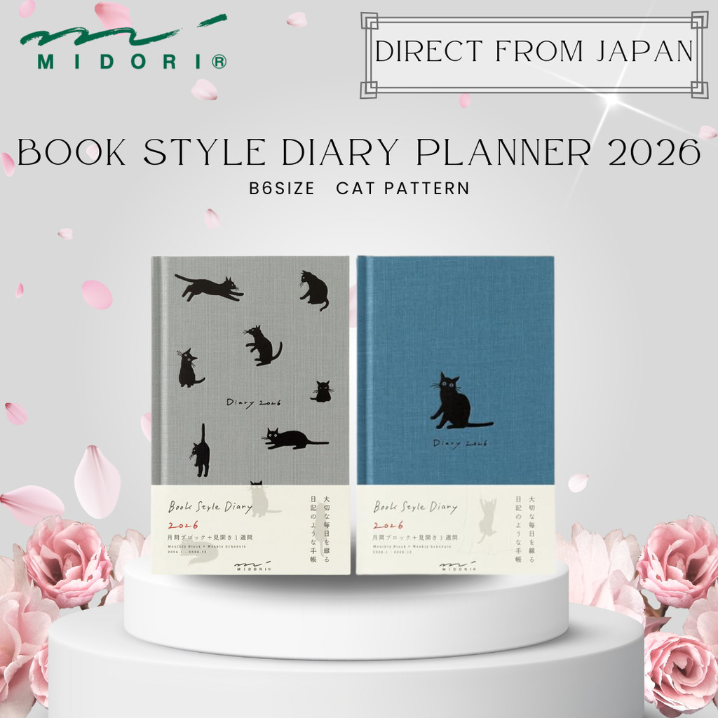 Midori Book Style Diary 2026 B6 Week Planner - Cat Pattern, Navy & Gray Variants
