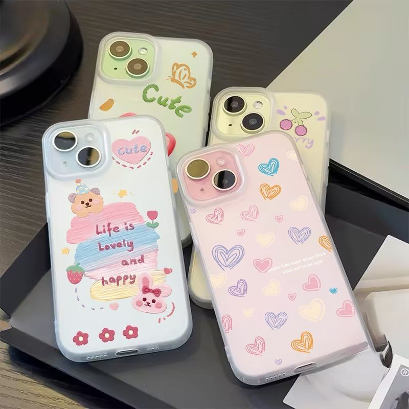 น่ารักรักดอกไม้แฟชั่นการ์ตูนดูเดิล เคส IPhone 16 17 11 15 14 13 12 Pro Max XR X XS Max 14 8 7 15 Plus SE 2020 เคสไอโฟน