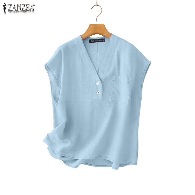ZANZEA เสื้อเชิ้ตสไตล์เกาหลีสำหรับผู้หญิง V-neck raglan sleeve ครึ่งปุ่ม ทำจากผ้าฝ้ายและลินิน ดีไซน์คลายๆ