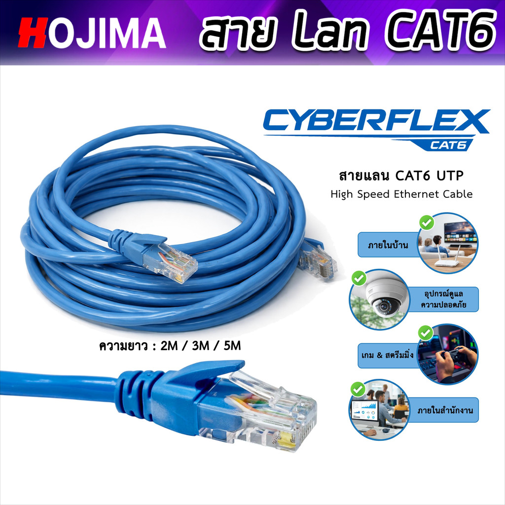 สายเน็ตบ้าน CYBERFLEX CAT6 UTP 1000Mbps เสถียรไม่ดีเลย์ ยาว 2/3/5 เมตร สำหรับคอเกมและออฟฟิศมืออาชีพ