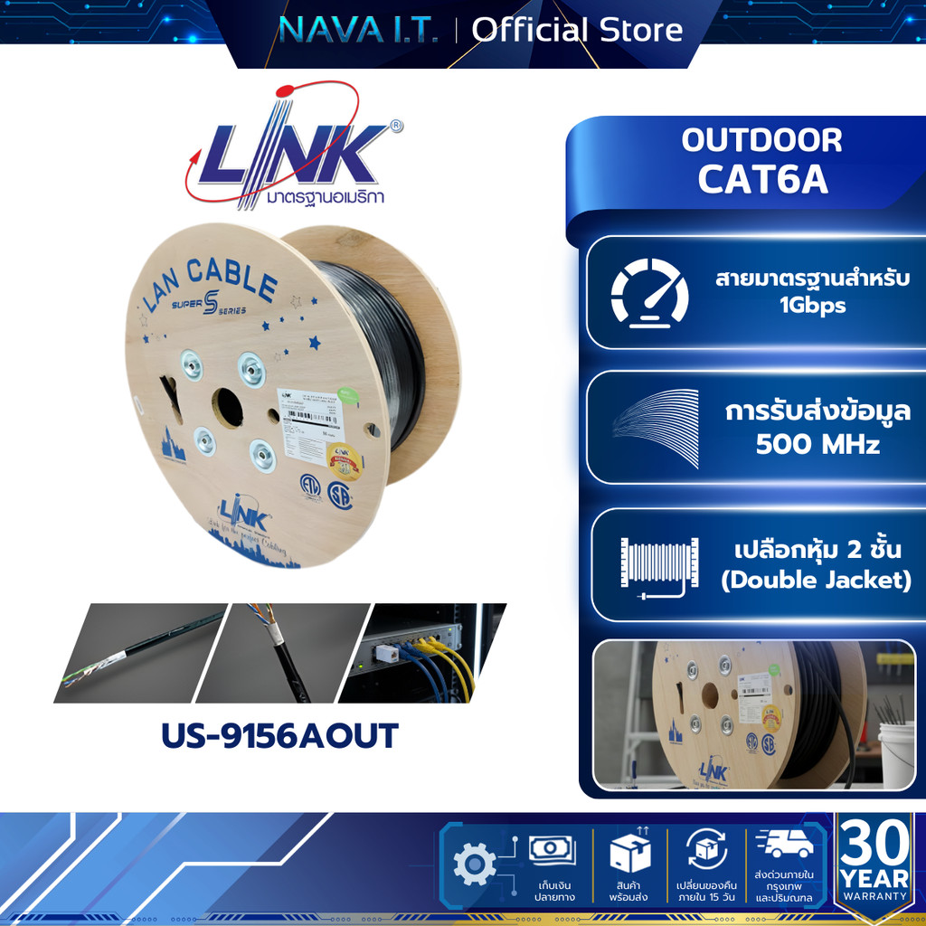 LINK US-9156AOUT LAN CABLECAT 6A UTP SUPER-S OUTDOOR (DOUBLE JACKET) 305 M/ROLL รับประกัน 30 ปี