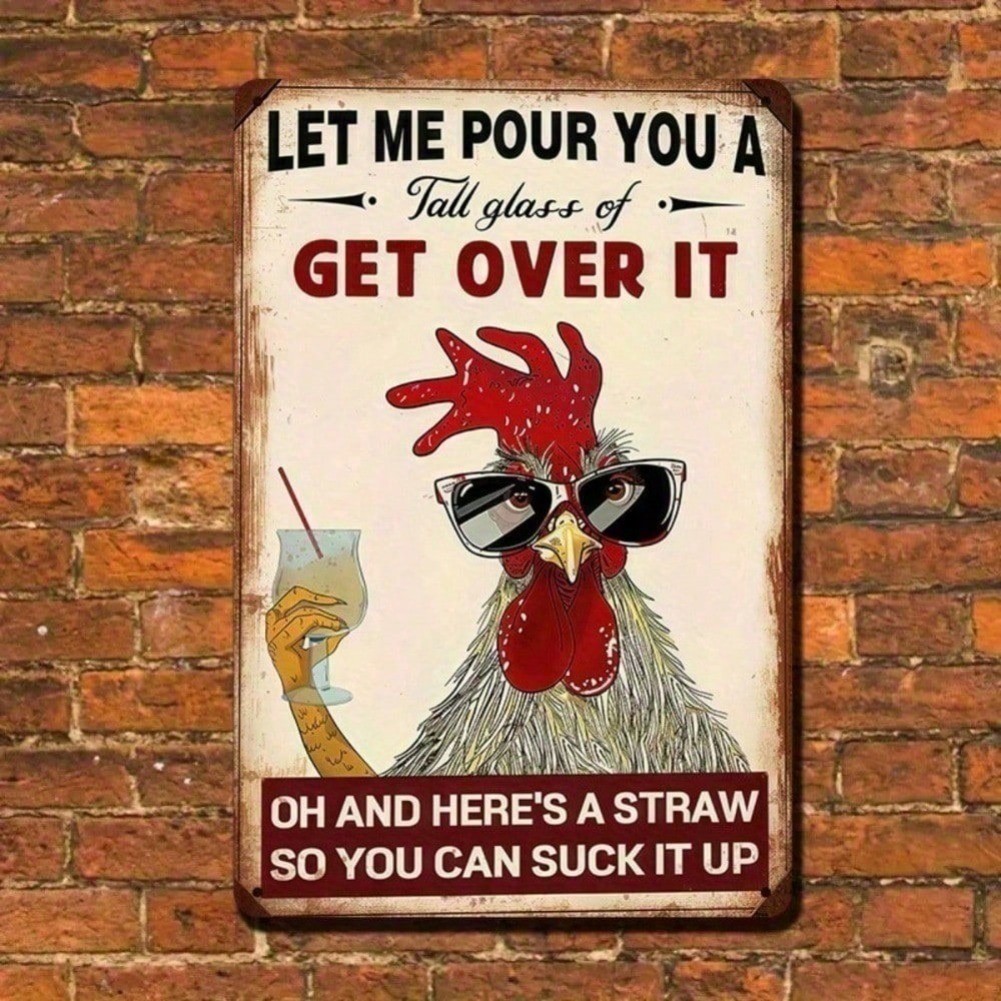 HELLOYOUNG ป้ายดีบุกโลหะตลก Chicken Wall Art Rustic Home Decor 8x12 นิ้ว Get Over It Gift