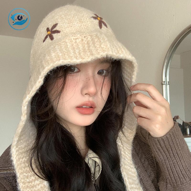 [Smw] หมวกลoomed สำหรับผู้หญิง อบอุ่นกันลม กันหนาว พันคอแบบดอกไม้ขนาดเล็ก สไตล์ casual