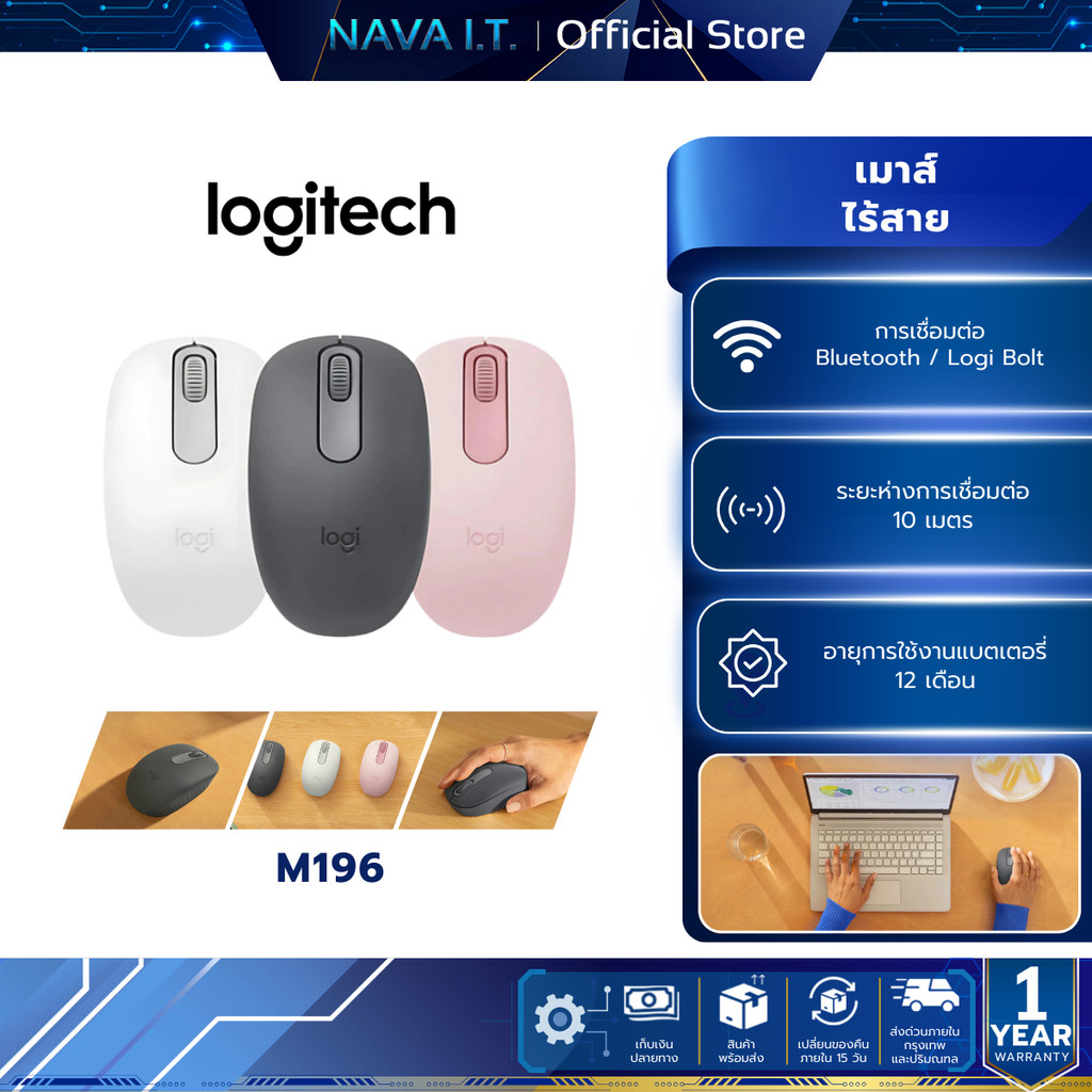 LOGITECH M196 BLUETOOTH WIRELESS MOUSE เมาส์บลูทูธไร้สาย ไม่มี USB RECEIVER