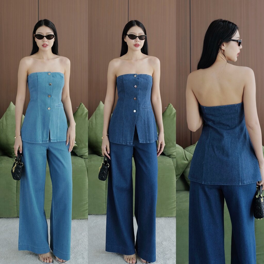 #5546 EVE ชุดเชตยีนส์เสื้อ เกาะอก กระดุมหน้า กระเป๋าแต่งหลอก+กางเกงขายาว