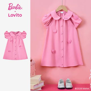 Barbie™ X Lovito Kids เดรสสีชมพูฤดูใบไม้ผลิ/ฤดูร้อน ลายปักหัวใจ ติดกระดุม สําหรับเด็กหญิง เกาหลี อินเทรนด์ DRBL2PAD004