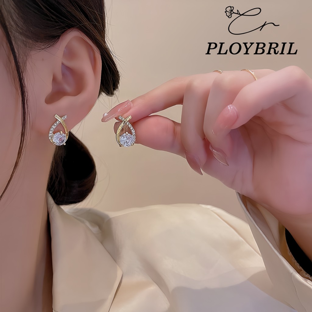 PLOYBRIL ต่างหูสตั๊ด ประดับคริสตัล หรูหรา เครื่องประดับ แฟชั่นเกาหลี สําหรับผู้หญิง E001