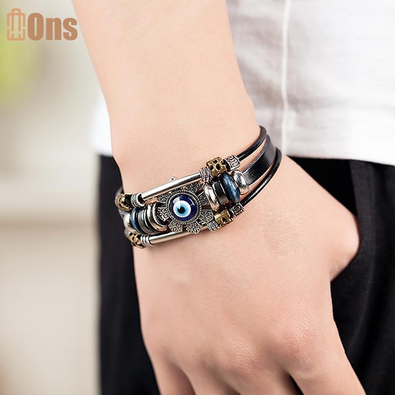 Ons Lucky Eye ตุรกี Evil Eye สร้อยข้อมือ Punk Multilayer หนังสร้อยข้อมือทําด้วยมือที่