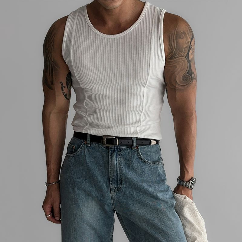 PAUL FITZGERALD เสื้อกล้ามถักยางสำหรับผู้ชาย แบบทรงเข้ารูป สไตล์ลำลอง