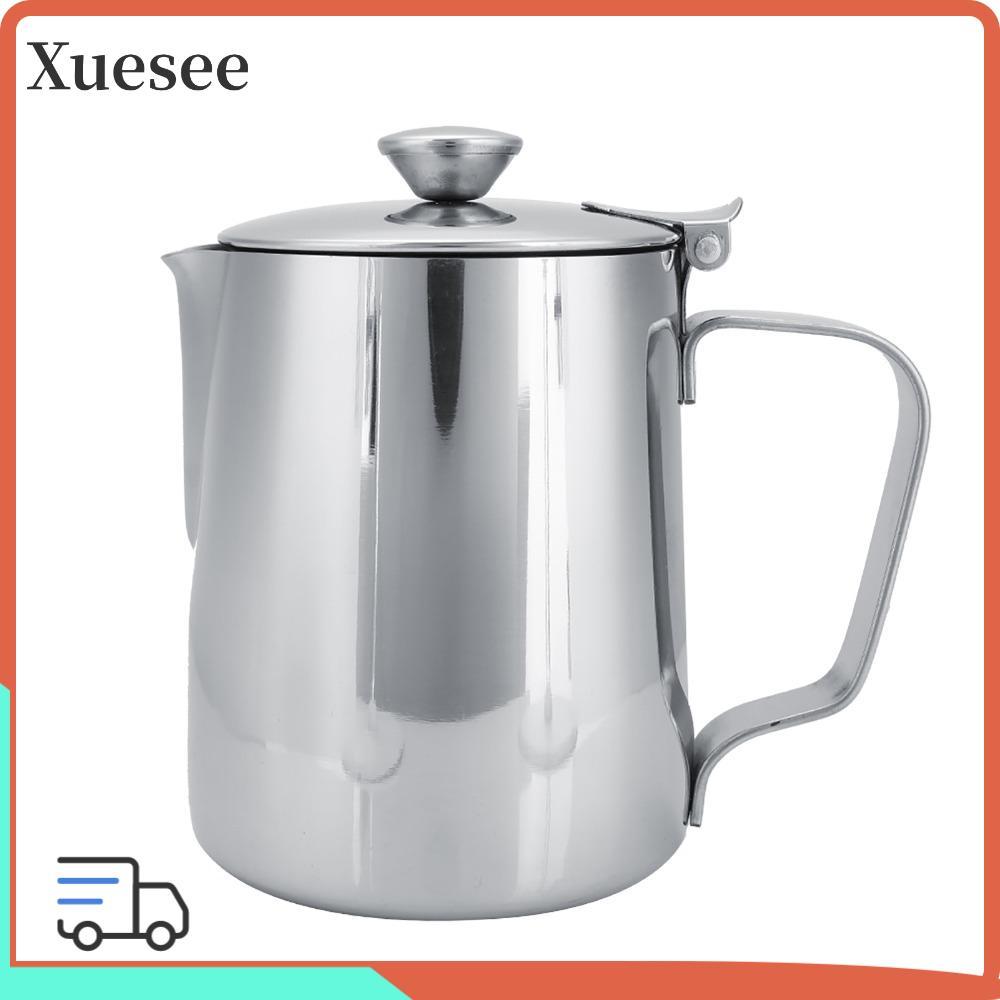 XUESEE เหยือกบดกาแฟ, สแตนเลสเงินนม Frothing Pitcher, Latte Coffee Art พร้อมฝาปิด Handle Design Latte