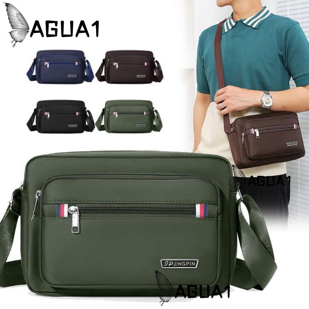 AGUA1 กระเป๋าสะพาย,สีดําสีน้ําตาลสีฟ้าสีเขียวไนลอนผู้ชายกระเป๋าCrossbody,ผ้า 4 ซิปสี่เหลี่ยมผืนผ้าManกระเป๋าถือ