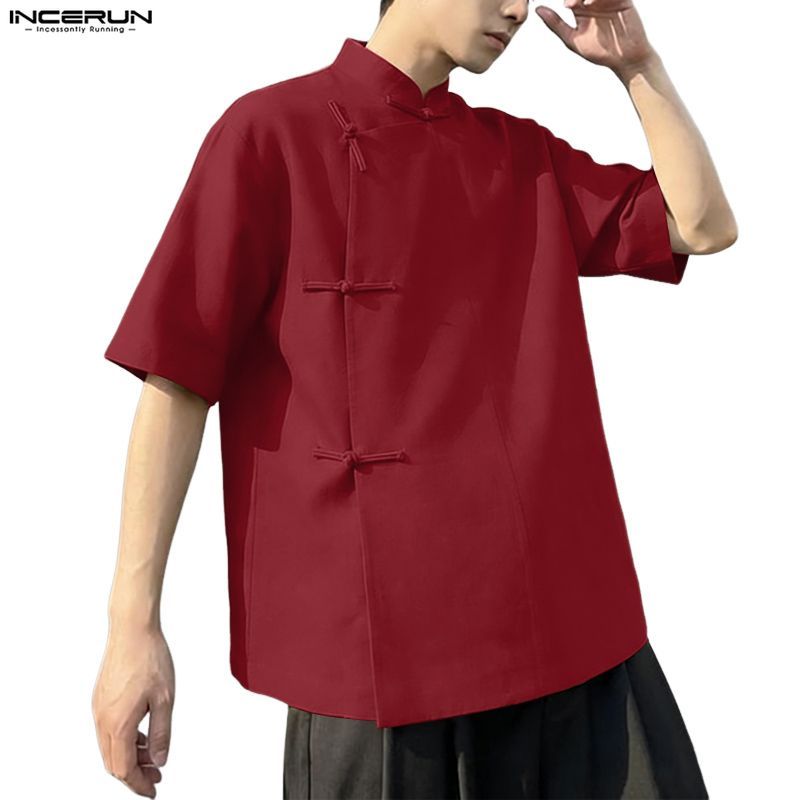 เสื้อผู้ชายสไตล์เกาหลีและจีน แบบแมนดาริน คอปกแขนสั้น กบปุ่ม ทรงหลวม
