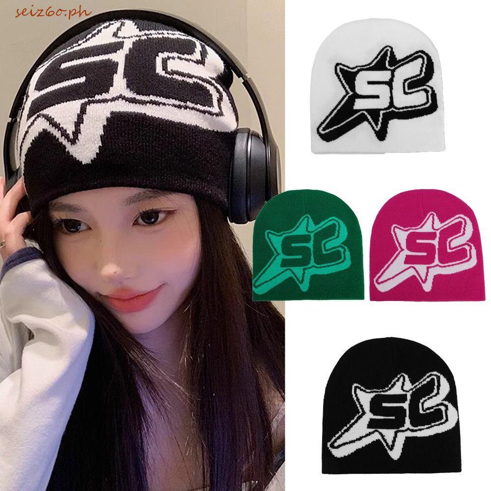 SEIZ6O ถัก Beanies, Star Y2K Pullover หมวก,บุคลิกภาพสไตล์เกาหลียืดหยุ่น Hip Hop Ins Skullies Streetw