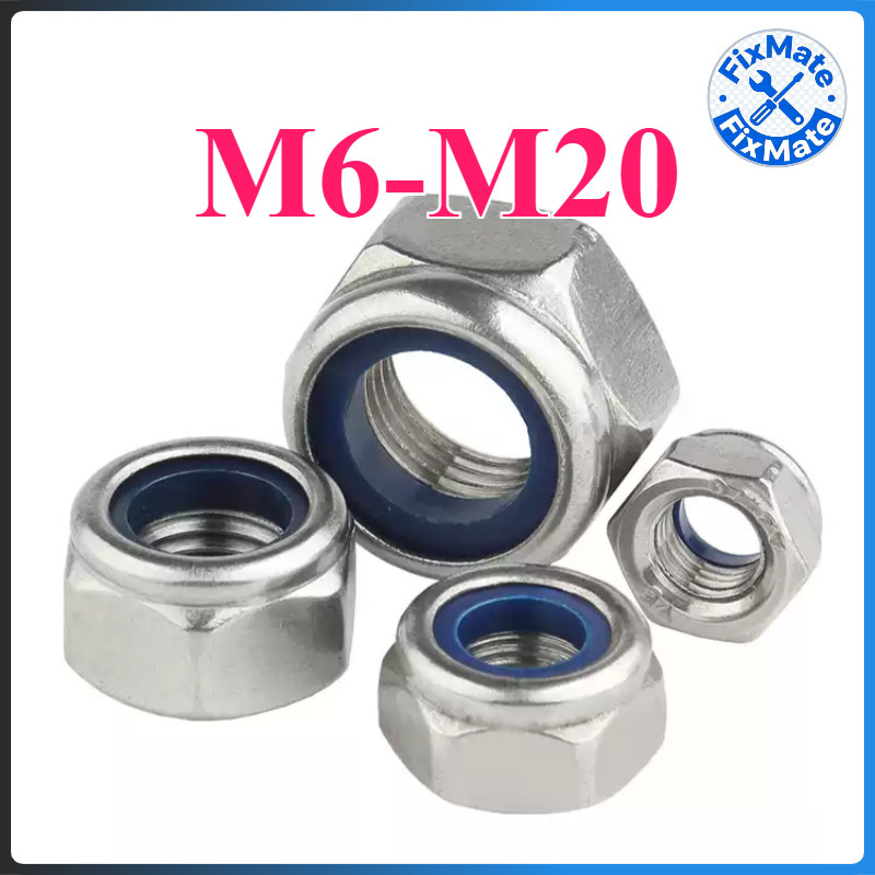 หัวน็อตตัวเมียไนลอนกันคลาย เกลียวละเอียด สแตนเลส 304 M6-M20 Hexagon Nylon Insert Lock Nut Fine Thread (FM-4)