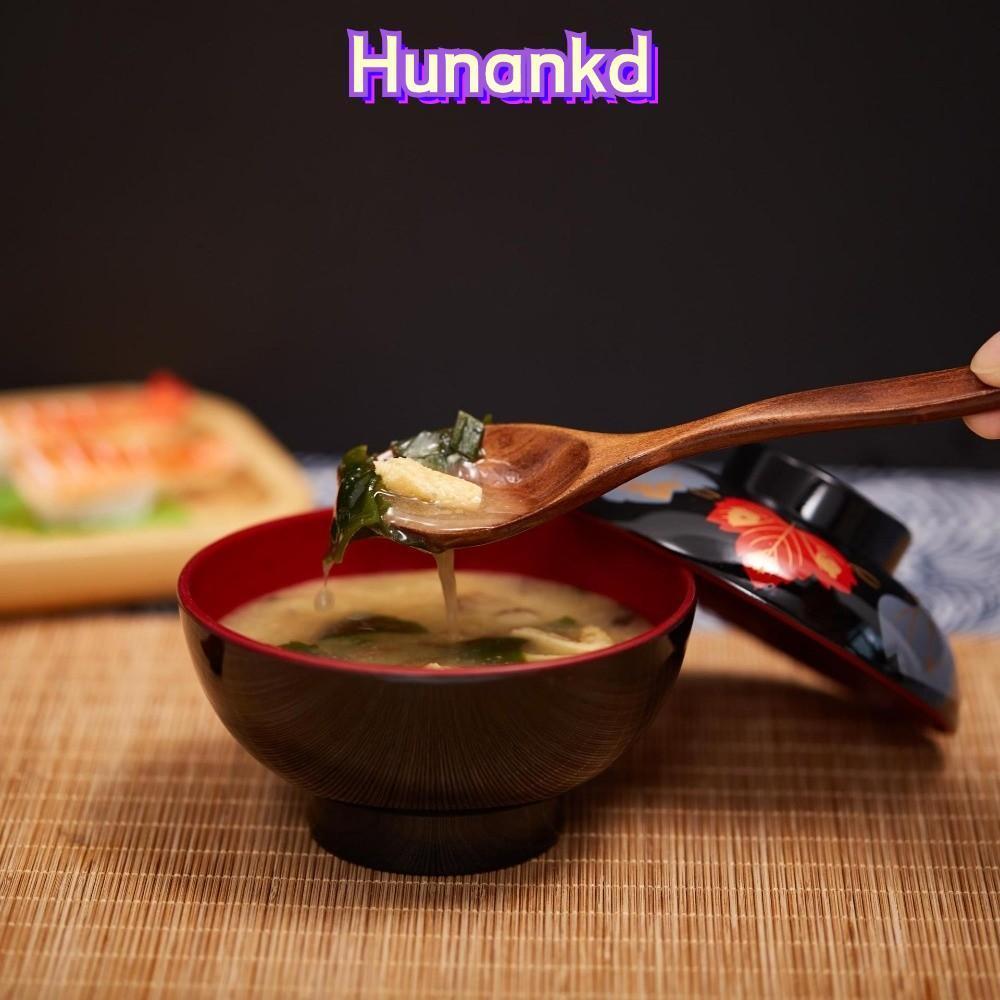 HUNAN ถ้วยซุปมิโสะ ญี่ปุ่น ซุปมิโซะ มีฝาปิดมีลอน ดำด้าน ดำแดง เมลามีน สไตล์ 4 นิ้ว 6 นิ้ว