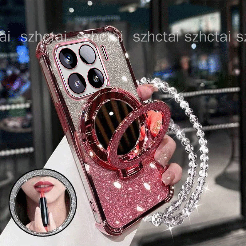 กรณีสําหรับ เสี่ยวหมี่ 15ที 15ที มือโปร ประกายไฟ เคสโทรศัพท์สายรัดข้อมือสร้อยข้อมือโซ่เชือกเส้นเล็กกระจกยืนผู้ถือกรณีโทรศัพท์สี่มุมป้องกันการตกกันกระ