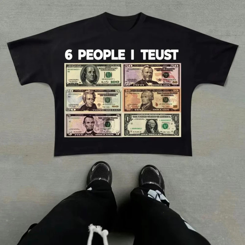 Black Men's Casual Letter Dollar Bill Print Round Neck Short Sleeved Street Hip-hop Cool Pure Cotton
