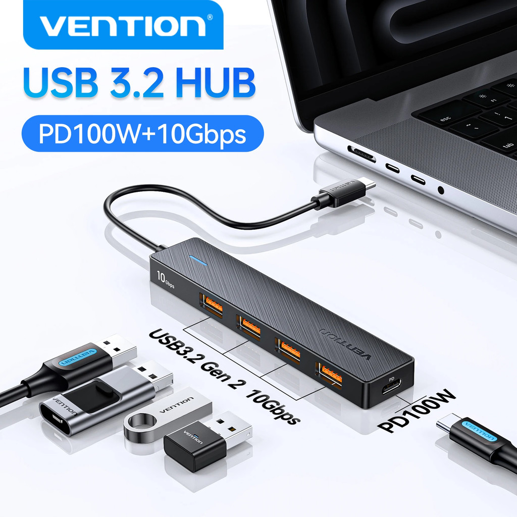 Vention ใหม่ USB 3.2 Gen2 HUB 10Gbps PD100W ชาร์จ USB A Type C 5 พอร์ต Splitter Multiport Adapter