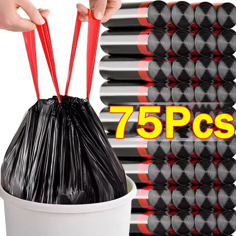75ชิ้น/5ม้วนถุงขยะหูรูด/ปิดอัตโนมัติลาทถุงพลาสติกหนา